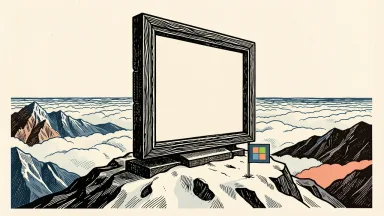 Microsoft reaches a $4 trillion market cap: a large computer window frame stands on a high mountain peak above the clouds.