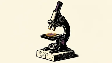 Revvity initiated with an Outperform rating: a laboratory microscope on a stone plinth marked with an upward arrow.