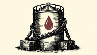 Iraq seeks IMF aid as oil exports are squeezed: a heavy chain anchors a large oil storage tank to a solid stone block.