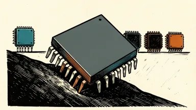 Qualcomm stock underperforming peers: a large semiconductor chip tilts and slips down a steep slope while other chips remain stable on a level ledge.