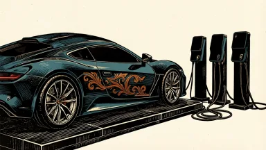 Ferrari personalization outperforming EV demand: a sports car being fitted with custom decorative panels while electric charging stations stand idle.