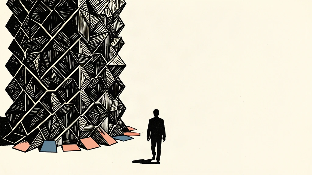 An editorial illustration showing a silhouette walking away from a self-building tower of geometric blocks.