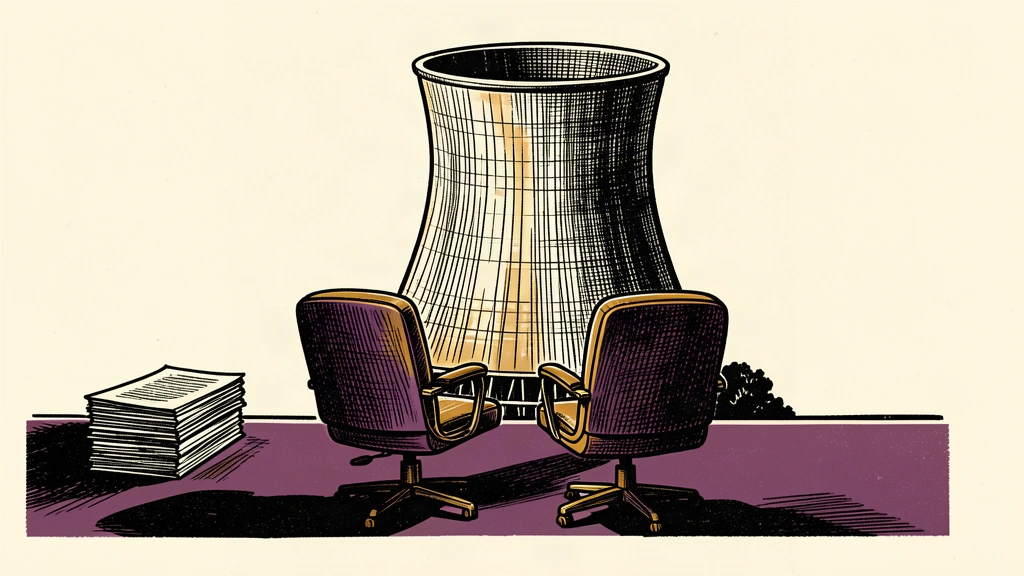 An illustration showing two empty executive chairs in front of a nuclear cooling tower, representing the departure of top leadership.