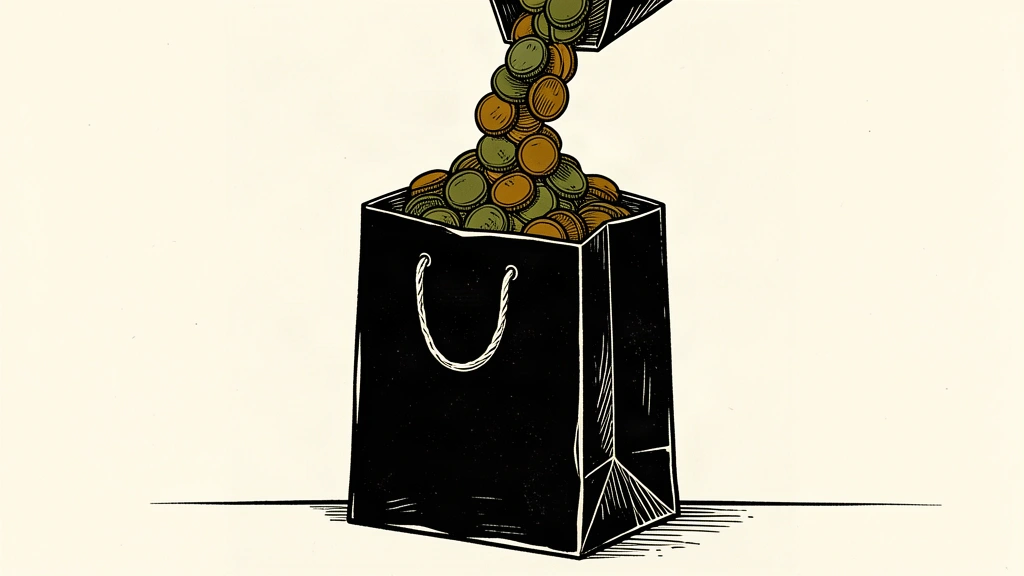 An editorial illustration showing a large shopping bag being filled by a steady stream of coins, representing the reinvestment of capital.