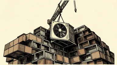 Samsung invests in Helix AI infrastructure: a large industrial cooling unit is lowered into a massive, tiered data center foundation.