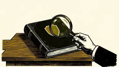 Brown & Brown coverage initiated with an Outperform rating: a magnifying glass focuses on a large insurance ledger book with a shield icon.