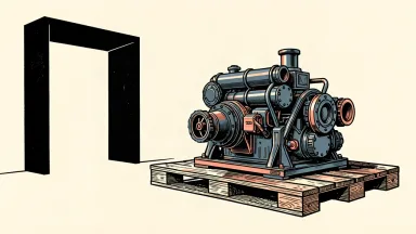 An editorial illustration depicting a detailed aerospace control assembly secured with straps onto a wooden transport pallet, moving away from the empty silhouette of a factory doorway on the left.