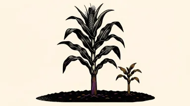 Corteva stock potential after spin-off: a large, thriving corn stalk supported by a stake next to a smaller separate seedling.