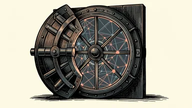 BBVA leveraging its tech platform for AI: an open bank vault revealing a glowing network of interconnected data nodes.