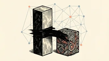 Accenture acquires Sagacity: a large architectural pillar and a smaller patterned block are joined by a solid band against a geometric data grid.
