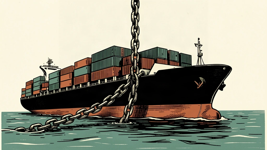 A large cargo ship is tightly bound and held in place by a massive iron chain descending from above.