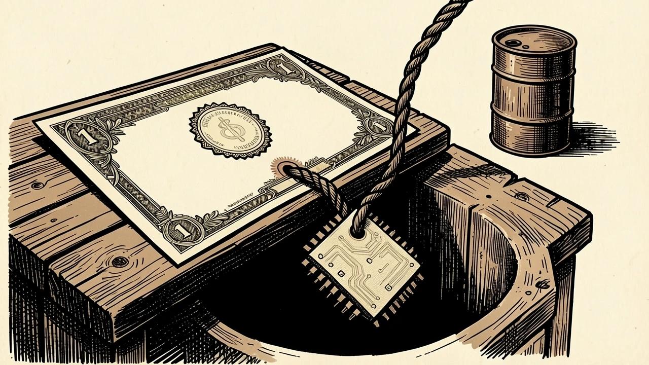The bond market tethered to tech: a bond certificate is pulled downward by a descending computer chip, while a small oil barrel sits isolated in the background.