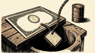 The bond market tethered to tech: a bond certificate is pulled downward by a descending computer chip, while a small oil barrel sits isolated in the background.