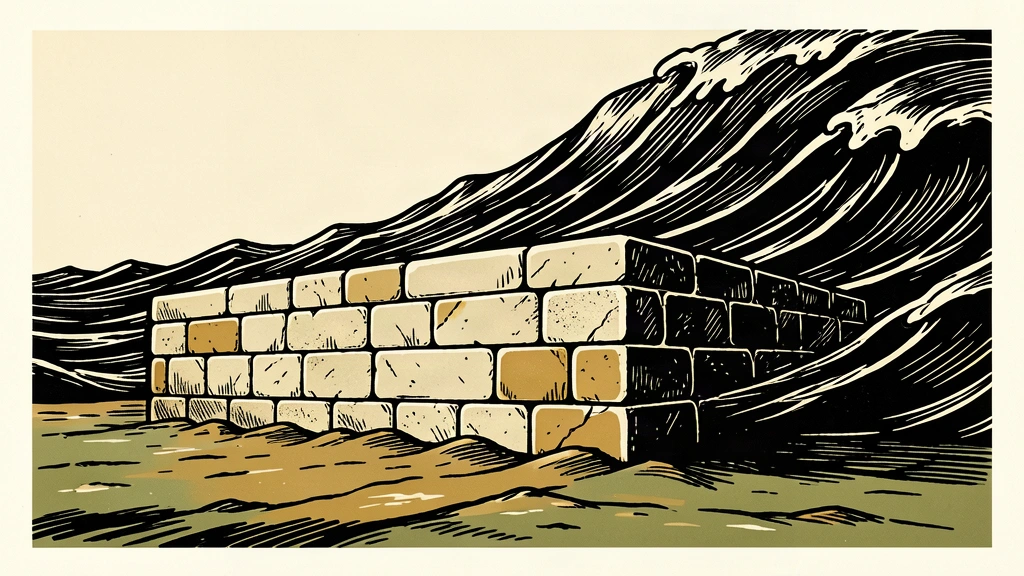 An editorial illustration showing a completed stone wall being dwarfed by a much higher rising tide behind it, symbolizing a fiscal target that is insufficient to contain a growing deficit.