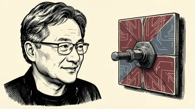 Nvidia CEO Jensen Huang addressing AI security: a portrait of Huang beside a geometric tile being secured by a heavy metal bolt. Identity photo references adapted into illustration: Photographer: Peter Dasilva (CC BY 4.0; https://creativecommons.org/licenses/by/4.0); source https://commons.wikimedia.org/wiki/File:Jensen_Huang_(cropped)_(2024).jpg