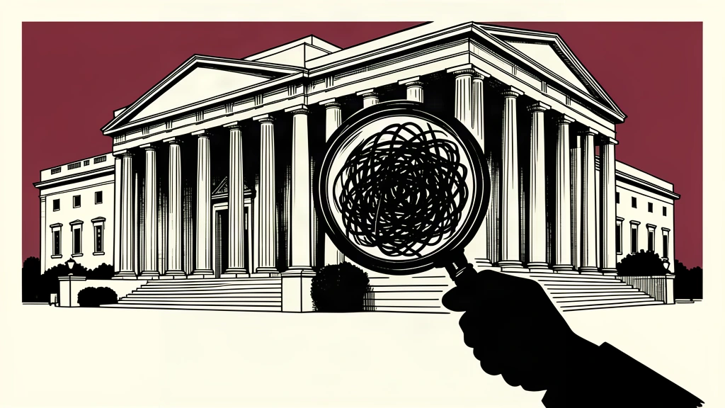 An editorial illustration showing a magnifying glass held up to a large government building, revealing a dark, tangled pattern at its base.