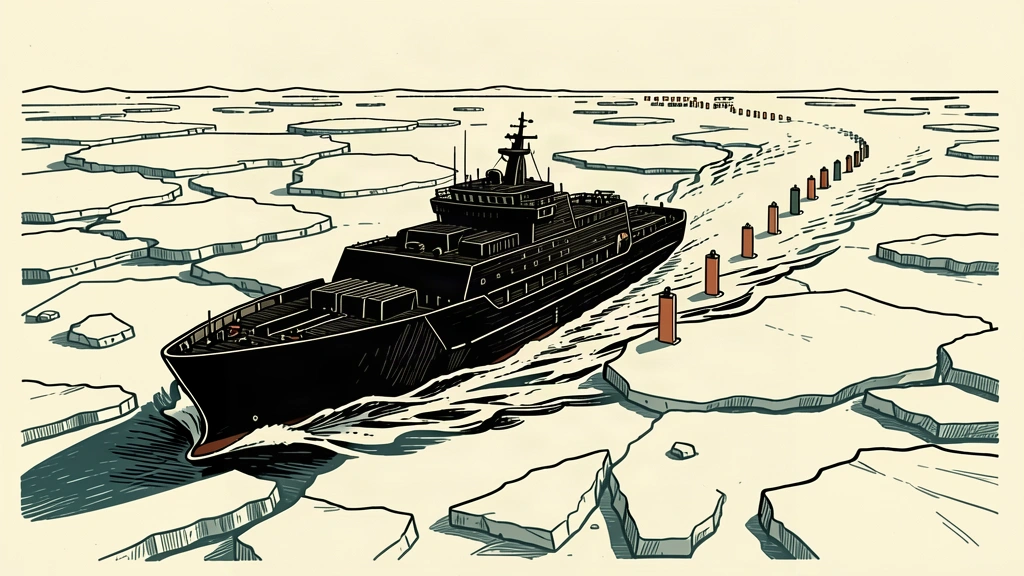 An editorial illustration of an icebreaker ship carving a path through ice floes, leaving twelve markers in its wake to represent the strategic call by EU states.