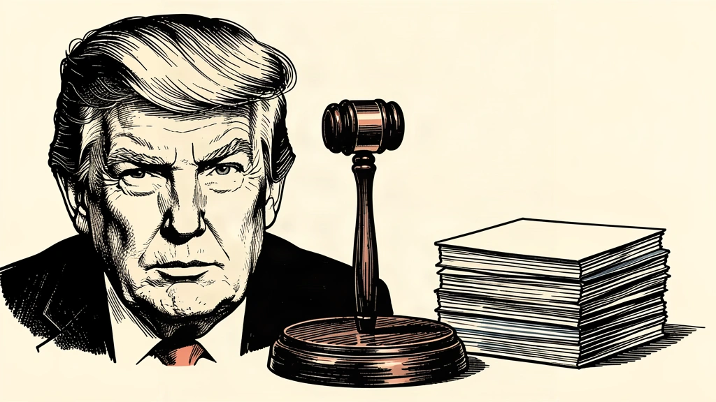 An editorial illustration showing a portrait of Donald Trump separated from a stack of mail-in ballots by a large, upright gavel. Identity photo references adapted into illustration: Daniel Torok (Public domain; https://commons.wikimedia.org/wiki/File:Official_Presidential_Portrait_of_President_Donald_J._Trump_(2025).jpg); source https://commons.wikimedia.org/wiki/File:Official_Presidential_Portrait_of_President_Donald_J._Trump_(2025).jpg