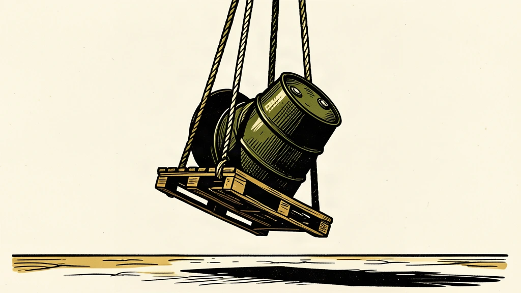 A single oil barrel is hoisted high into the air on a small wooden platform by vertical ropes.
