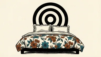 Simply Shabby Chic returns to Target: a floral-patterned bed with ruffled pillows sits before a large Target bullseye logo.
