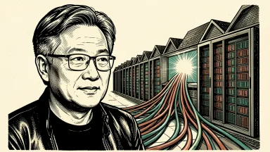 Nvidia CEO Jensen Huang beside a data center reimagined as an industrial factory with a sawtooth roof and glowing cables. Identity photo references adapted into illustration: Photographer: Peter Dasilva (CC BY 4.0; https://creativecommons.org/licenses/by/4.0); source https://commons.wikimedia.org/wiki/File:Jensen_Huang_(cropped)_(2024).jpg