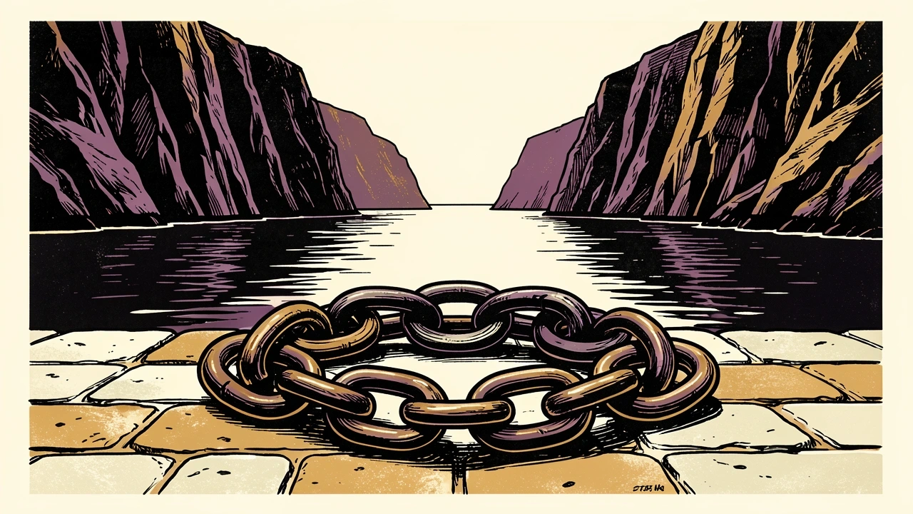 Fitch Ratings forecast for the Strait of Hormuz: a heavy iron anchor chain lies slack on a stone pier overlooking a narrow coastal passage.