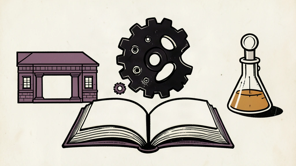 Linocut illustration of mechanical components hovering over an open book, flanked by a school building and scientific tools.