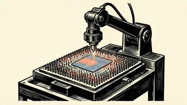 Teradyne introduces a new semiconductor test series: a mechanical testing arm lowers a silicon wafer onto a dense grid of contact pins.