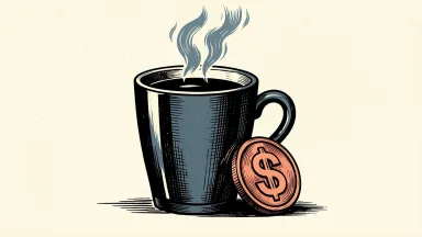 Starbucks dividend increase shown as a coffee cup with a coin beside it.