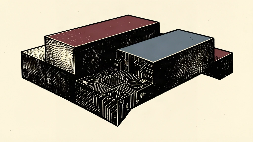 A conceptual black ink illustration on ivory paper showing a large geometric platform where one section, covered in detailed microchip circuit patterns, has dropped lower than the surrounding plain blocks, creating a visible step down.