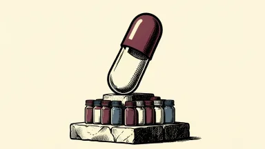 Oric Pharmaceuticals receives an Outperform rating: a large pharmaceutical capsule stands elevated on a stone pedestal above a row of smaller capsules.