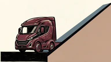A stylized black ink illustration of a smooth, grille-less electric truck cab at the base of a rising ramp against a clean ivory background.