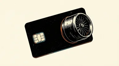 American Express shares lifted by Delta growth: a thick credit card with a metallic chip is propelled upward by a large jet engine attached to its side.