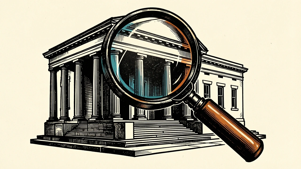 Bank of America coverage resumed with a Buy rating: a large neoclassical bank building viewed through a massive magnifying glass.