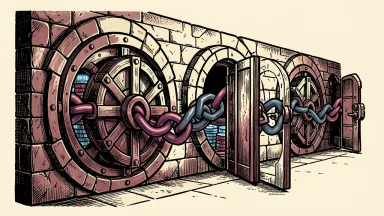 Oracle and Swift integration for tokenized deposits: a series of bank vaults connected by a thick braided digital cable.