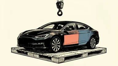 Tesla China-made vehicle sales in September: a sleek electric sedan on a shipping pallet beneath an industrial crane hook.