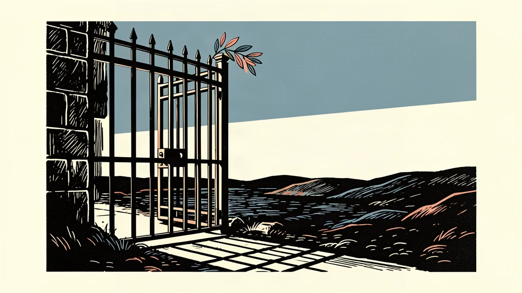 An editorial illustration of a heavy iron gate slightly open with an olive branch on the ground, symbolizing a stated openness to peace.