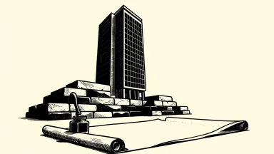 Morgan Stanley expansion in Dallas: a modern office tower rising from a foundation of heavy stone blocks next to an unrolled blueprint.