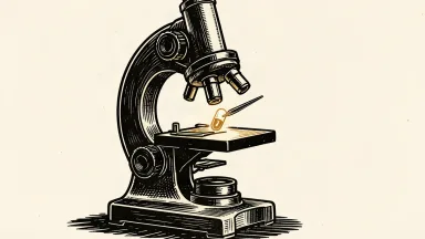 Revolution Medicines under renewed focus: a large microscope lens examines a single medicinal capsule held by tweezers.