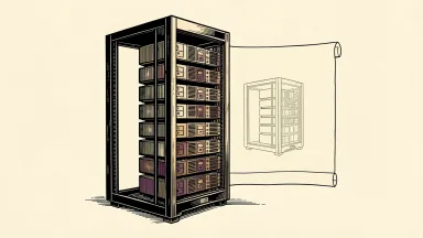 AMD Helion Agentic AI Rack: a tall server rack with an open-frame design stands next to an unfurling technical blueprint.