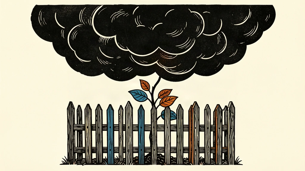 An editorial illustration showing a small plant protected by a solid fence from a large dark cloud.