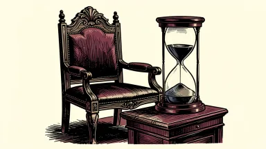 Goldman Sachs succession timeline remains undecided: an empty executive chair stands beside an hourglass with frozen sand.