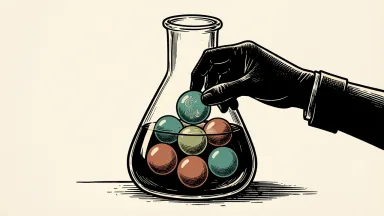 Halozyme expands its licensing deal with Argenx: a gloved hand adds the last of eight glowing spheres to a glass laboratory flask.