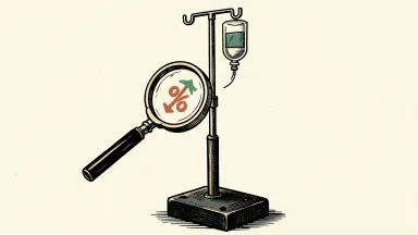 Option Care Health credit rating under review: a medical IV pole weighted down by a heavy iron block, viewed through a magnifying glass.