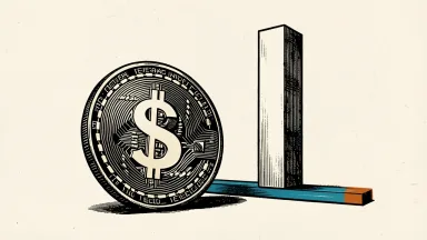 LexinFintech faces a Nasdaq minimum bid price notice: a large dollar-marked coin sits below a horizontal threshold bar on a tall pillar.