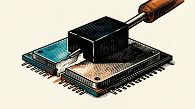A stylized illustration of a computer chip being compressed by a heavy block from above while its foundation is being trimmed away.