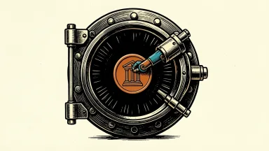 National Bank of Canada share buyback: a mechanical arm retrieves a bank-icon coin from a heavy vault.