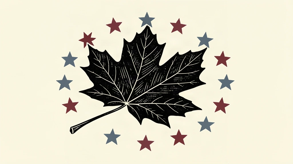 A black ink maple leaf sits at the edge of a circle of stars on an ivory background.