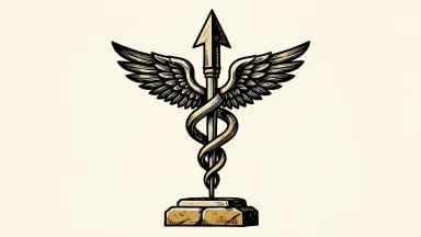 Humana price target raised by Oppenheimer: a medical caduceus staff stands before a large upward-pointing arrow.