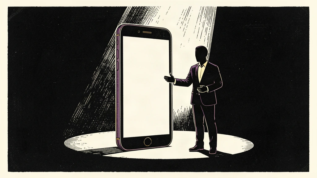 A silhouette of a presenter stands next to a large, glowing smartphone on a dark stage.